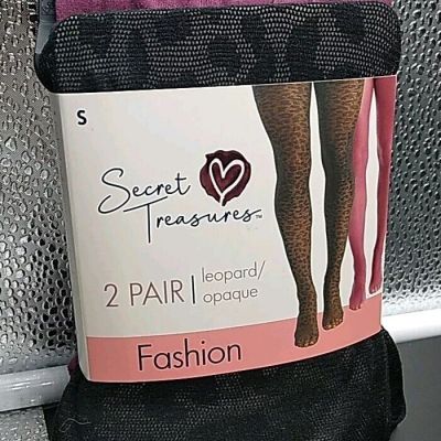 Secret Treasures Women's Wine Red Opaque & Black Leopard 2 Pack Tights Size S